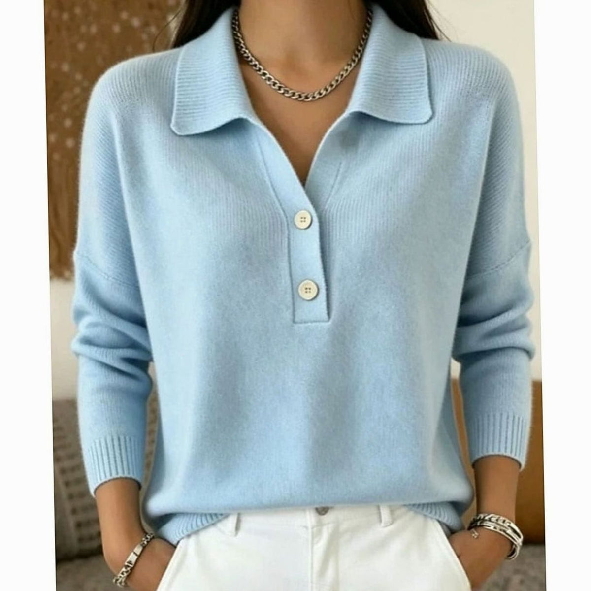 Women's Collared Knit Pullover Sweater with Button Placket