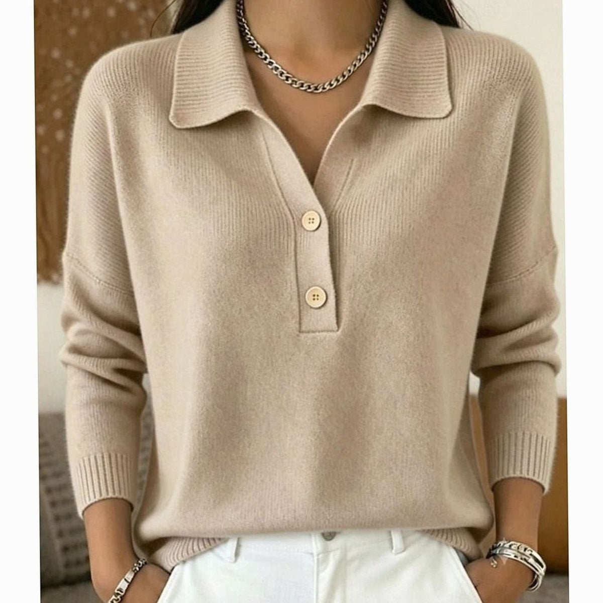 Women's Collared Knit Pullover Sweater with Button Placket
