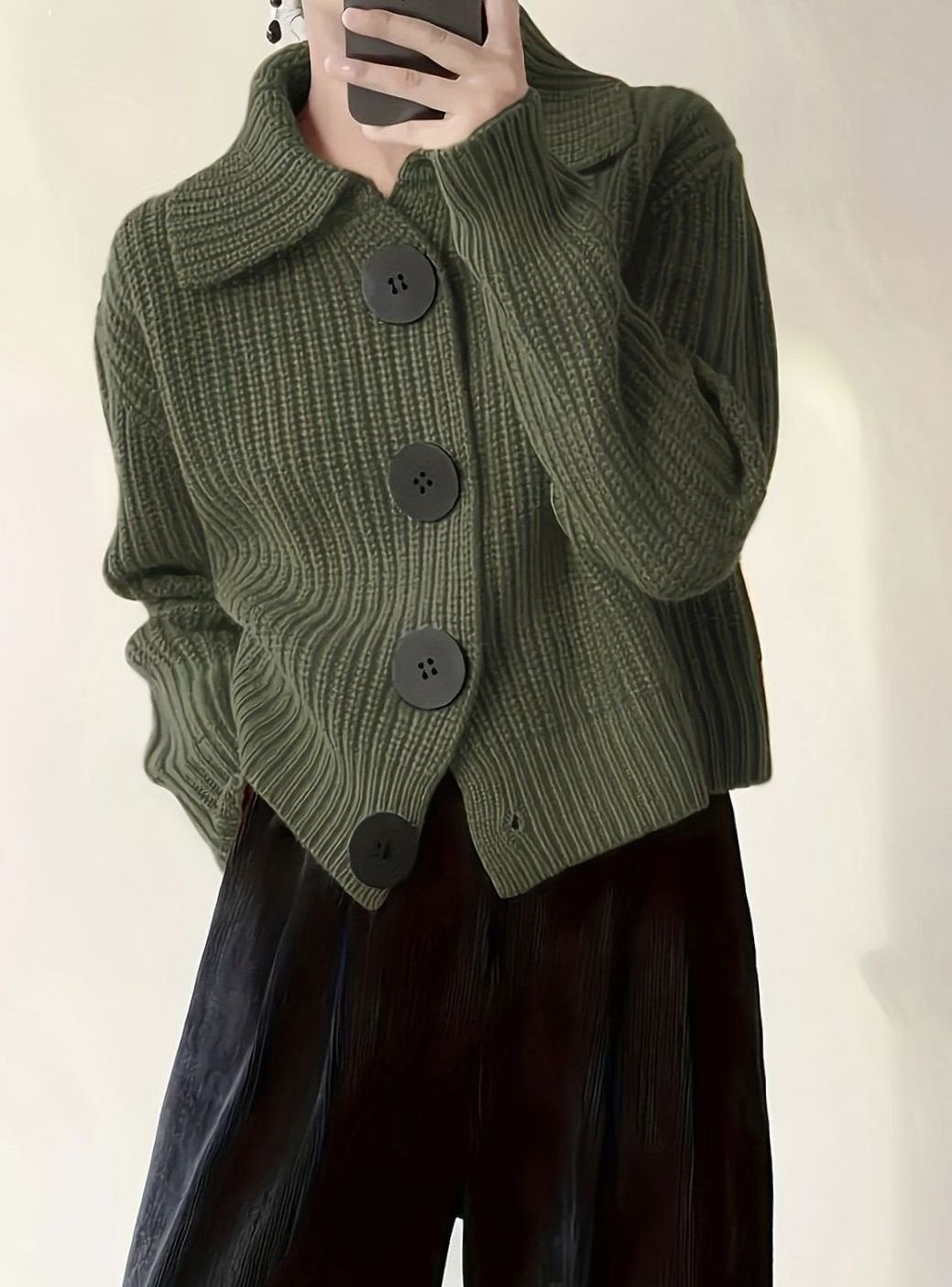 Women's Ribbed Knit Sweater with Folded Collar - Relaxed Fit Pullover