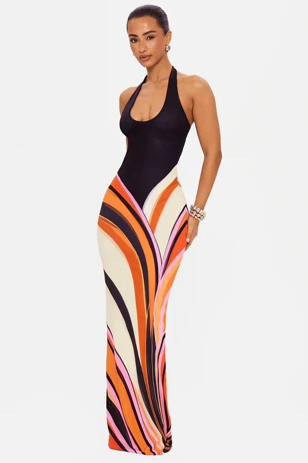 Women's Black Satin Cocktail Maxi Dress - Sleeveless