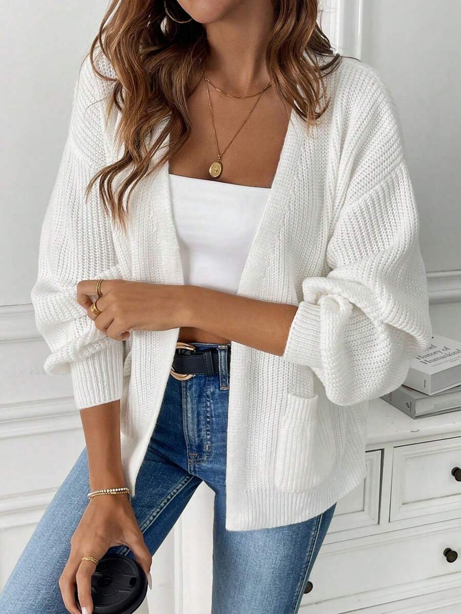 Women's Open Front Cardigan Ribbed Knit with Front Pockets