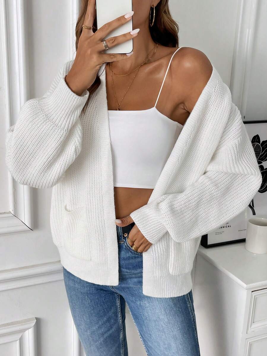Women's Open Front Cardigan Ribbed Knit with Front Pockets