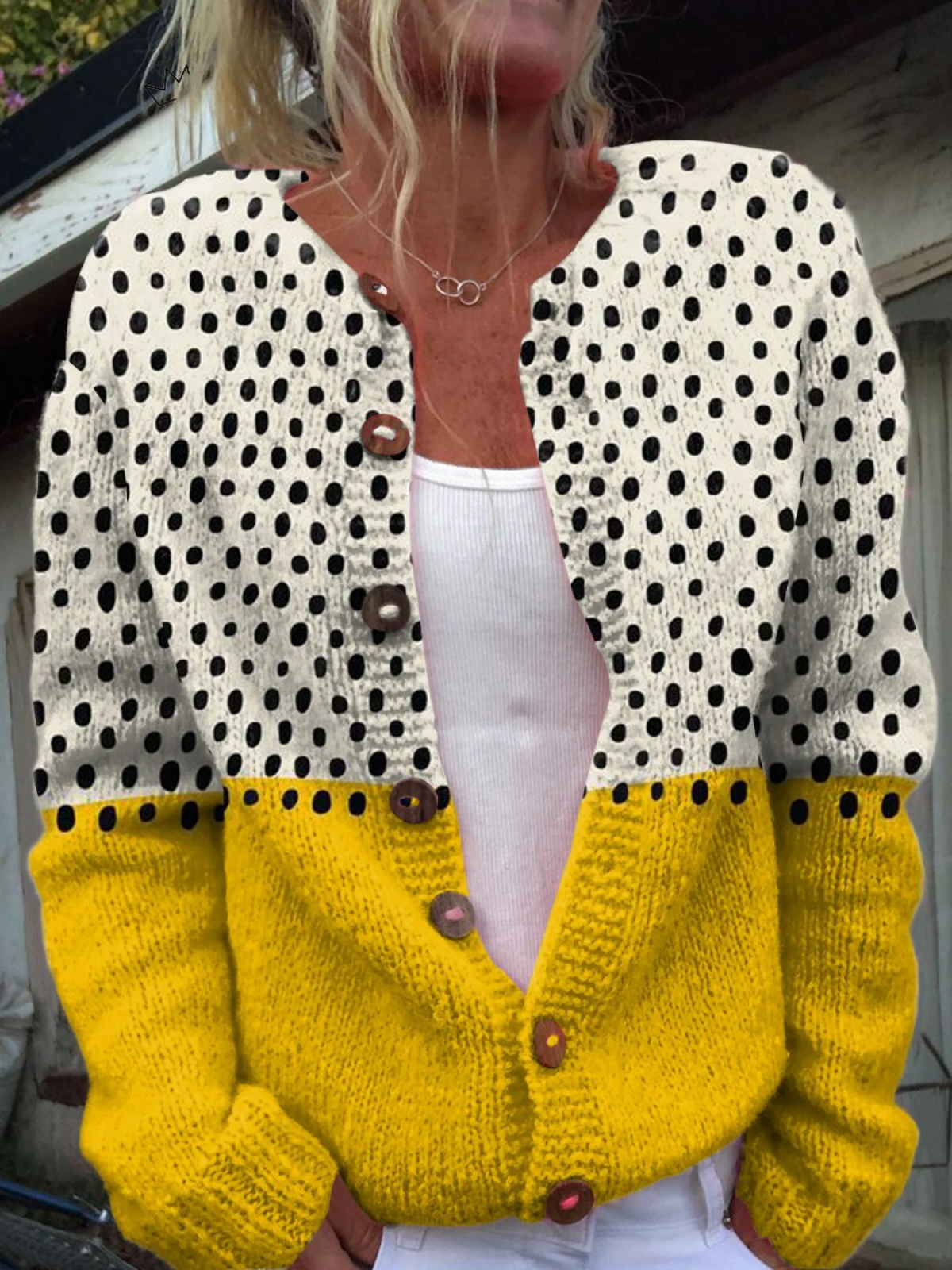 Women's Cardigan Polka Dot Button-Front Ribbed Cuffs