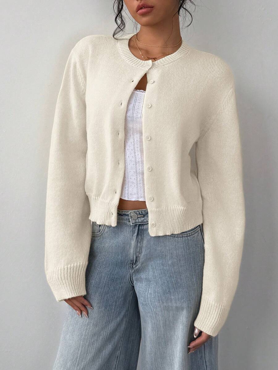 Women's Ribbed Trim Cardigan – Round Neck Button-Front
