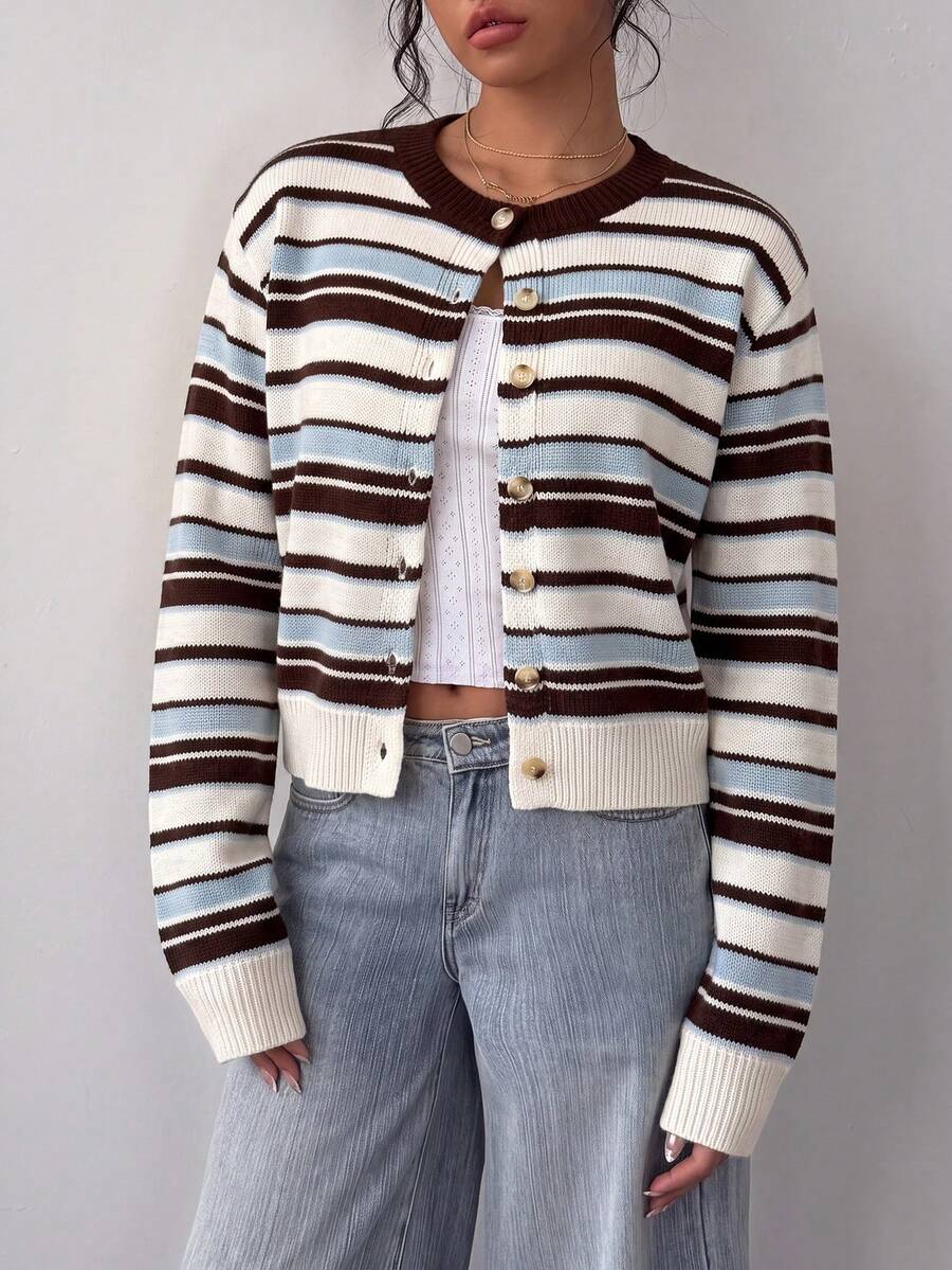 Women's Ribbed Trim Cardigan – Round Neck Button-Front