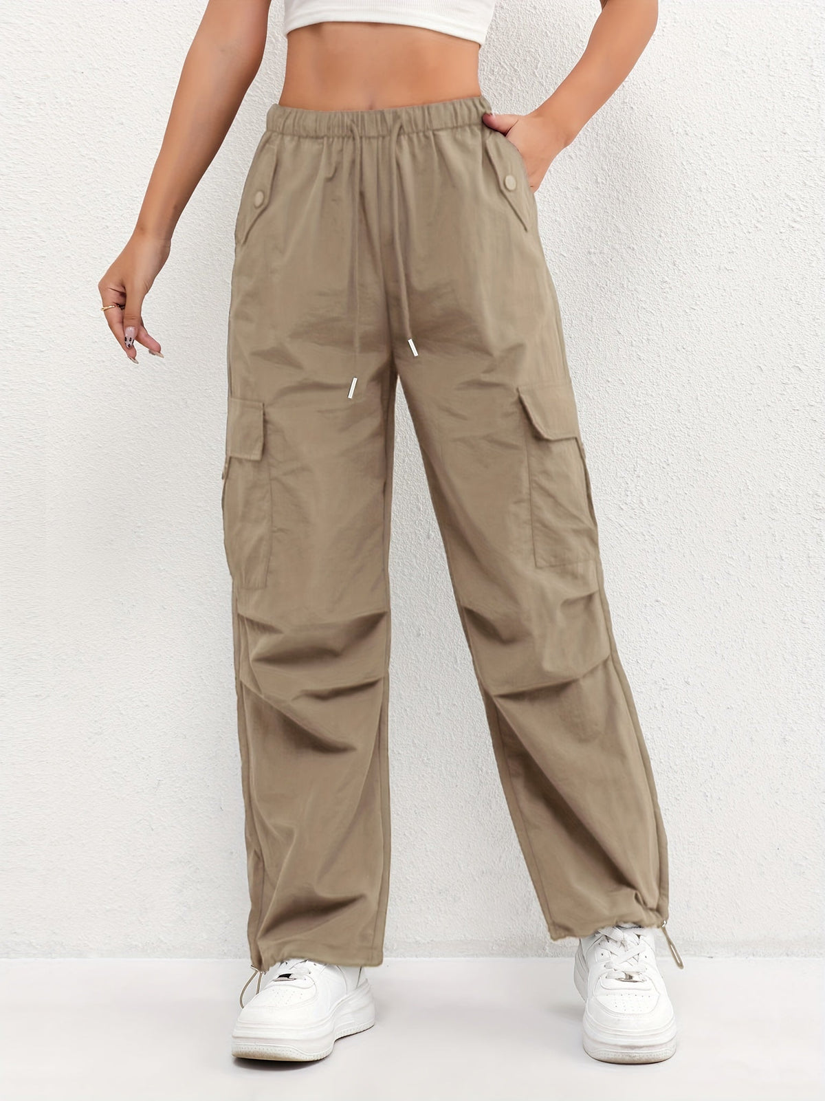 Women's Cargo Trousers with Drawstring Waist and Pockets