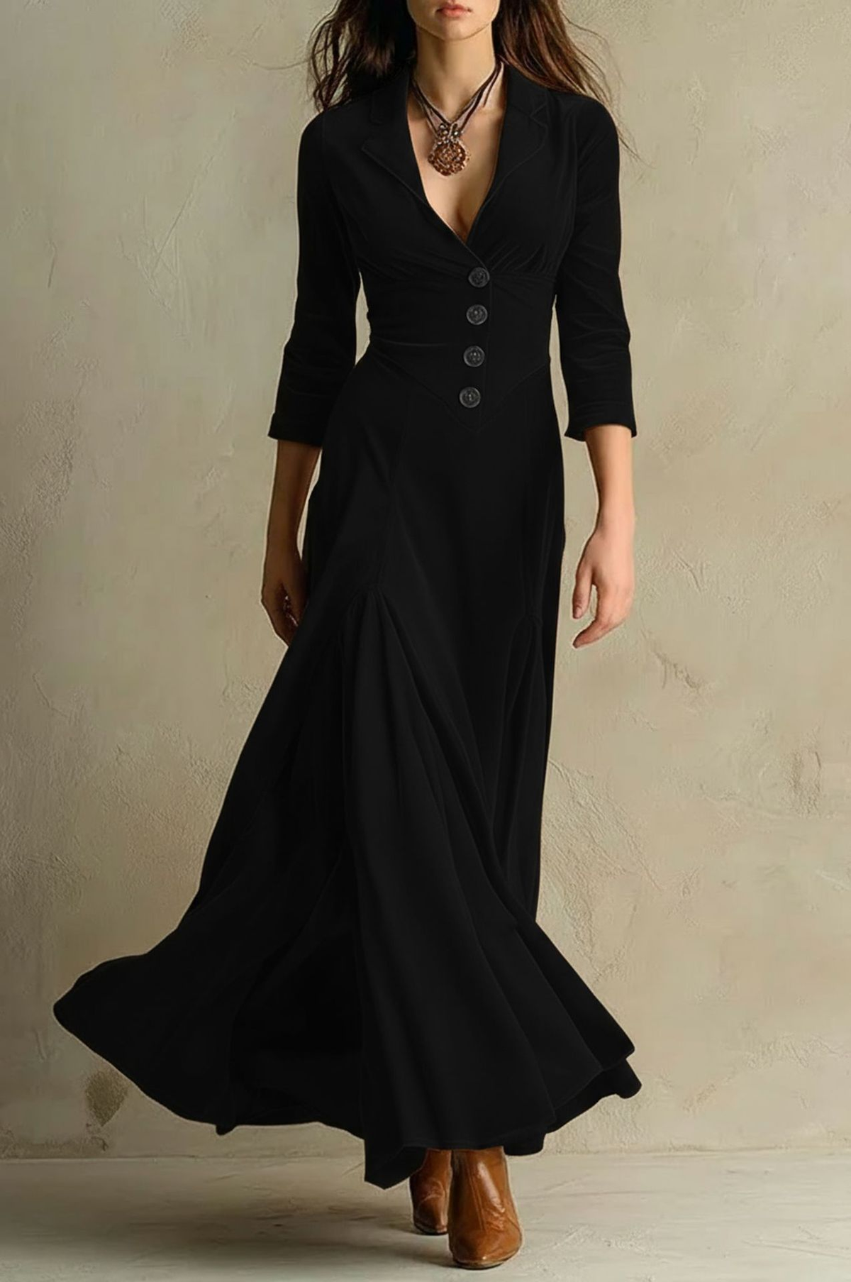 Women's Three-Quarter Sleeve Flared Velvet Dress