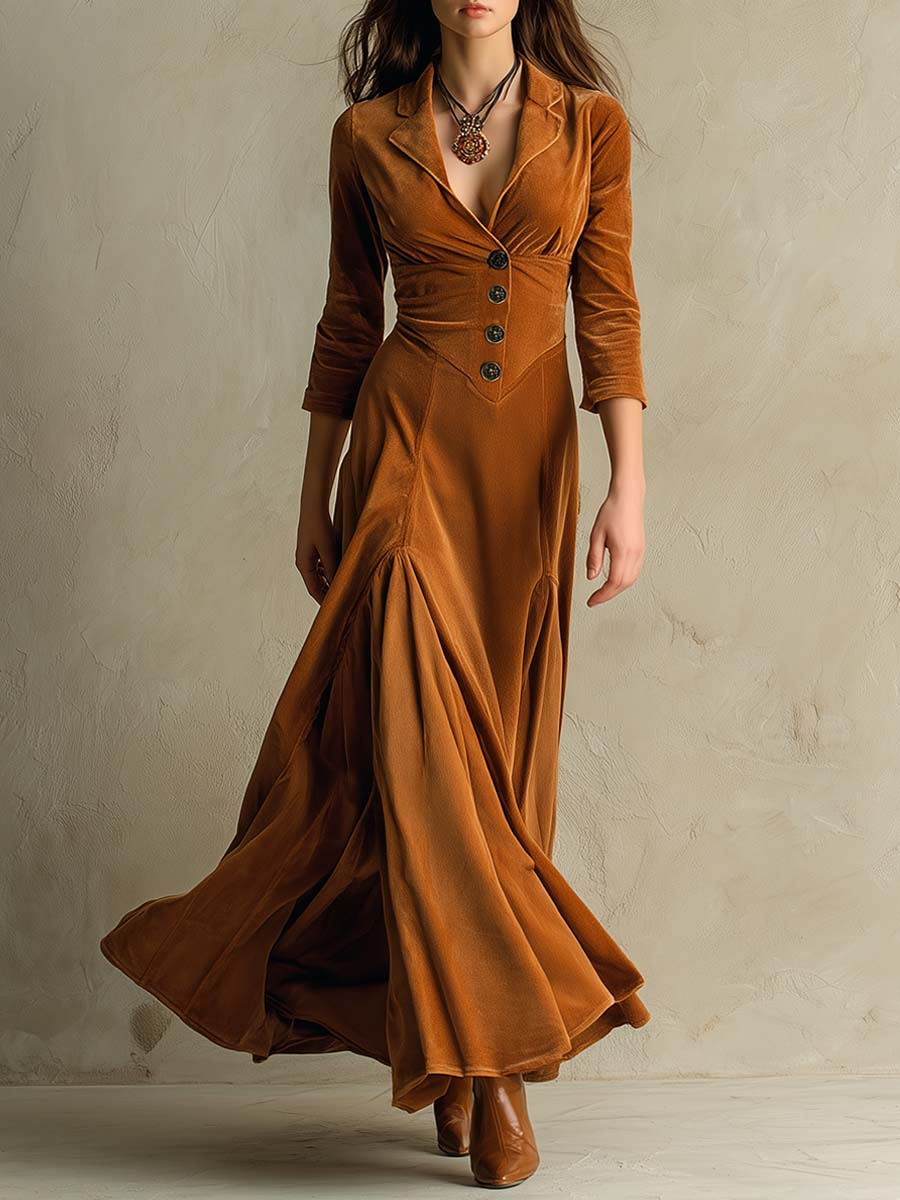 Women's Three-Quarter Sleeve Flared Velvet Dress