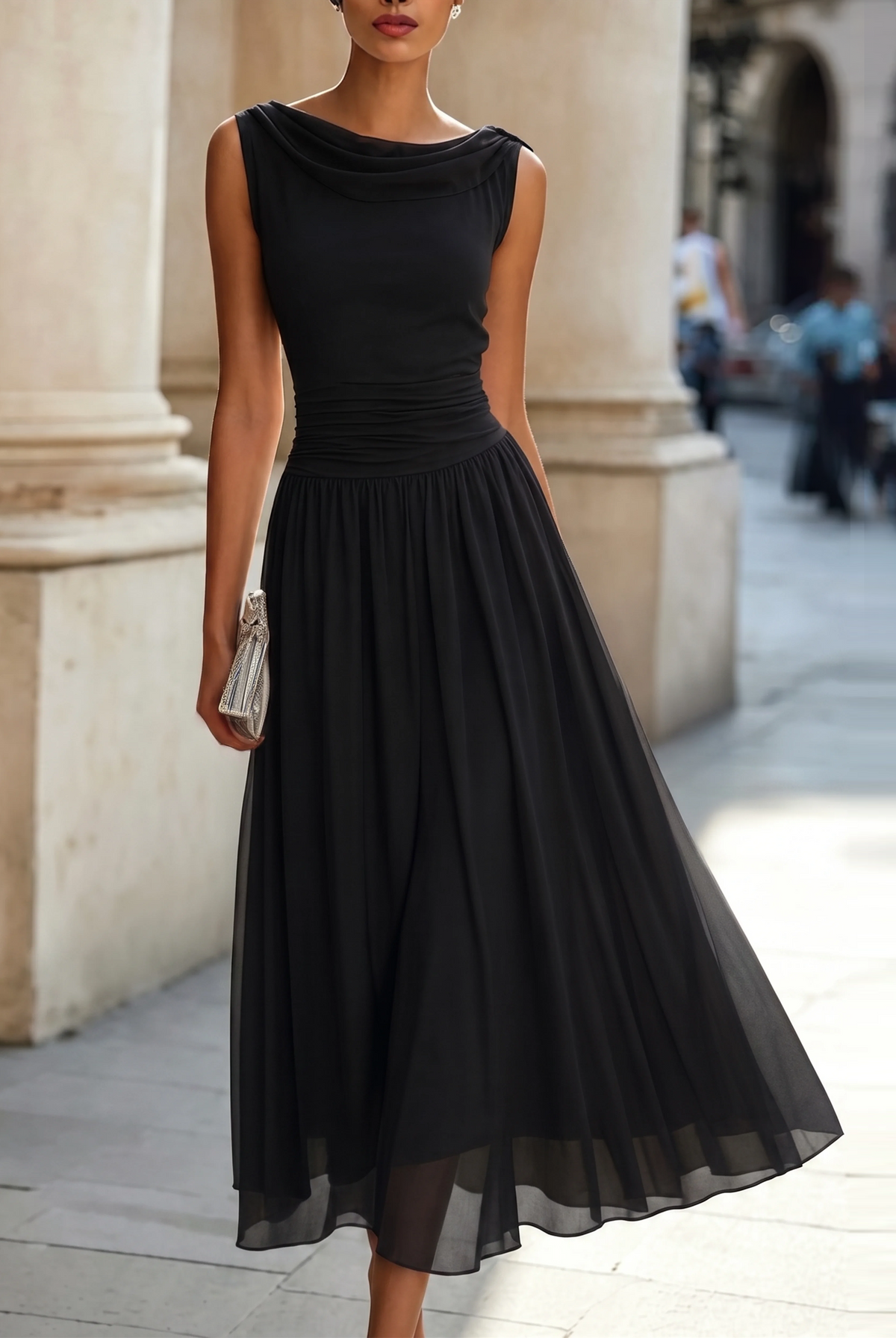 Dorvelli | Women's Midi Dress – Draped Neck Sleeveless - Black