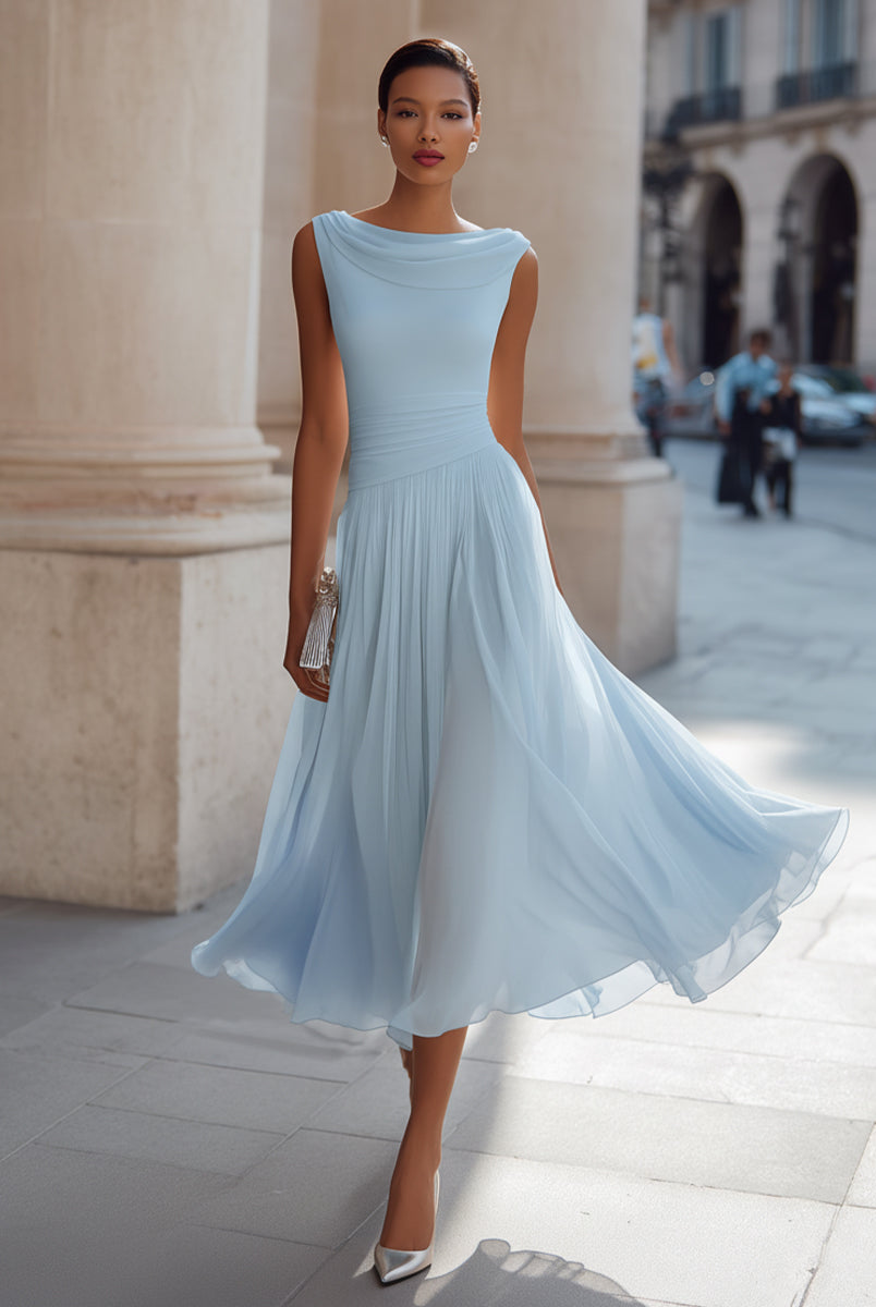 Dorvelli | Women's Midi Dress – Draped Neck Sleeveless - Sky Blue