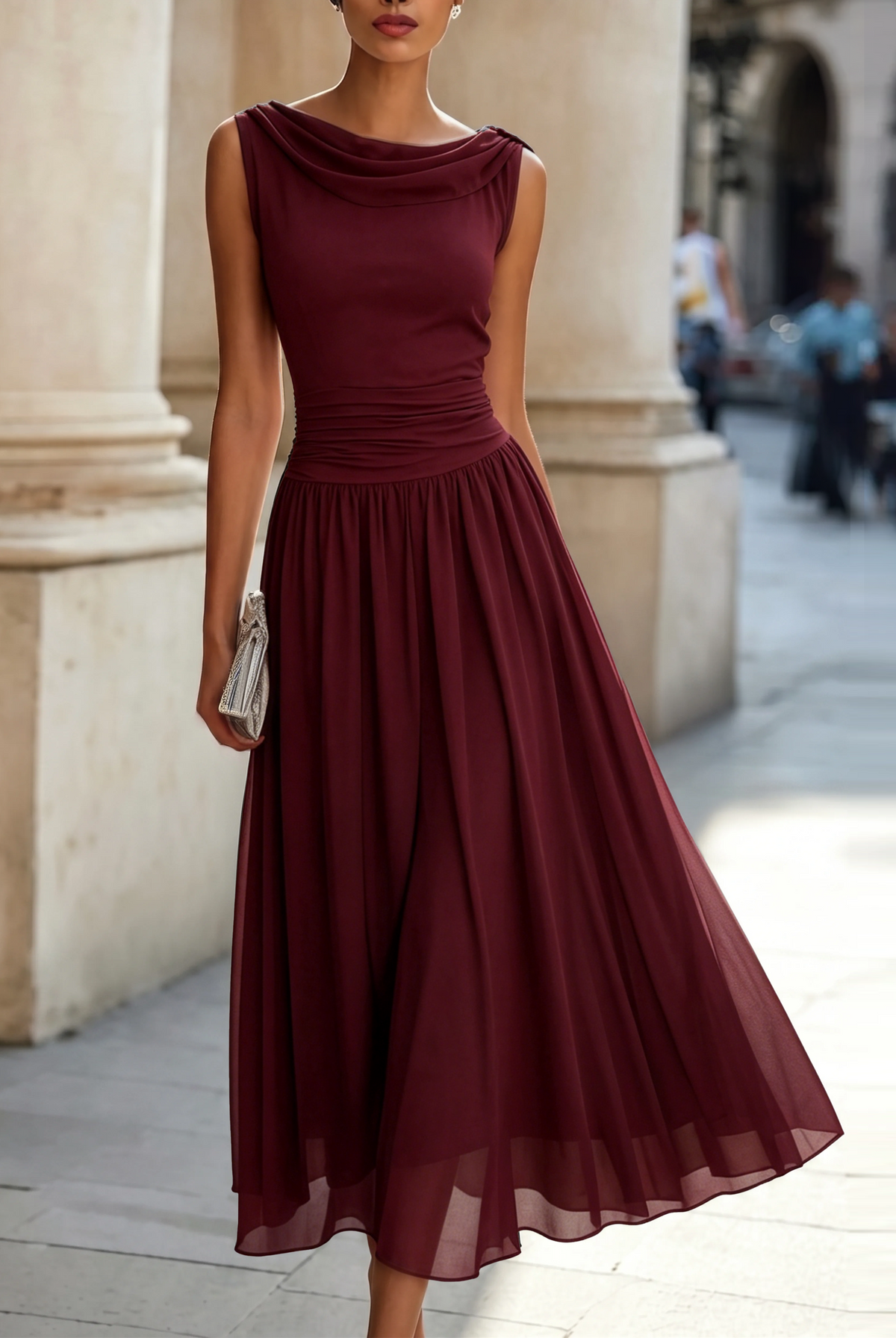 Dorvelli | Women's Midi Dress – Draped Neck Sleeveless - Wine Red