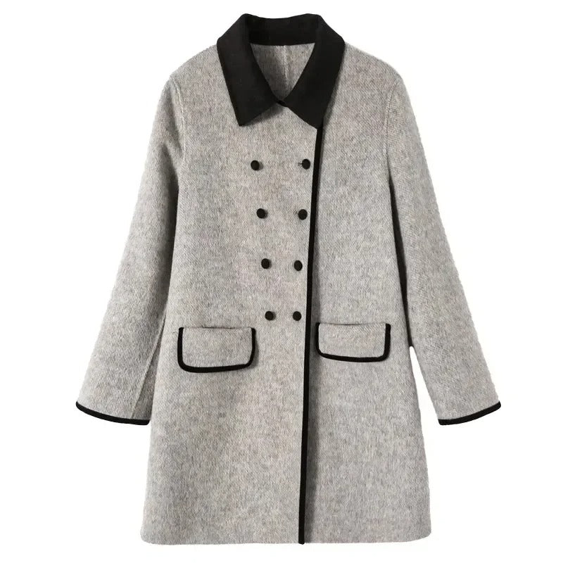 Women's Wool Coat Double-Breasted Contrast Trim Flap Pockets