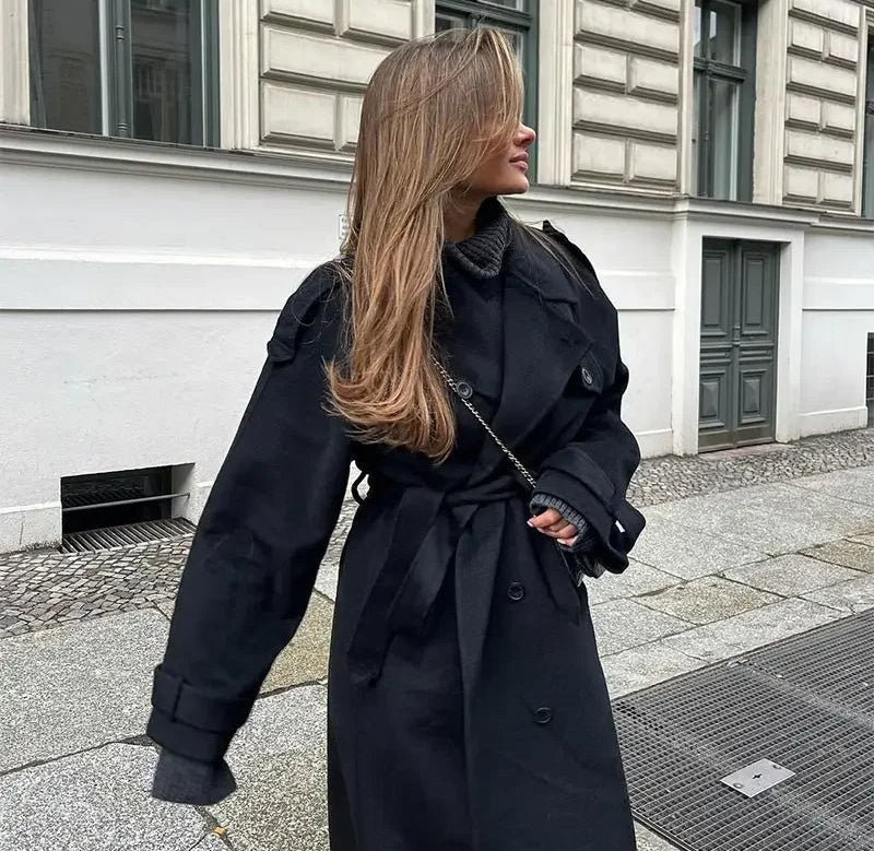 Women's Wool Trench Coat Notched Collar Double-Breasted Belted