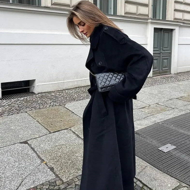 Women's Wool Trench Coat Notched Collar Double-Breasted Belted