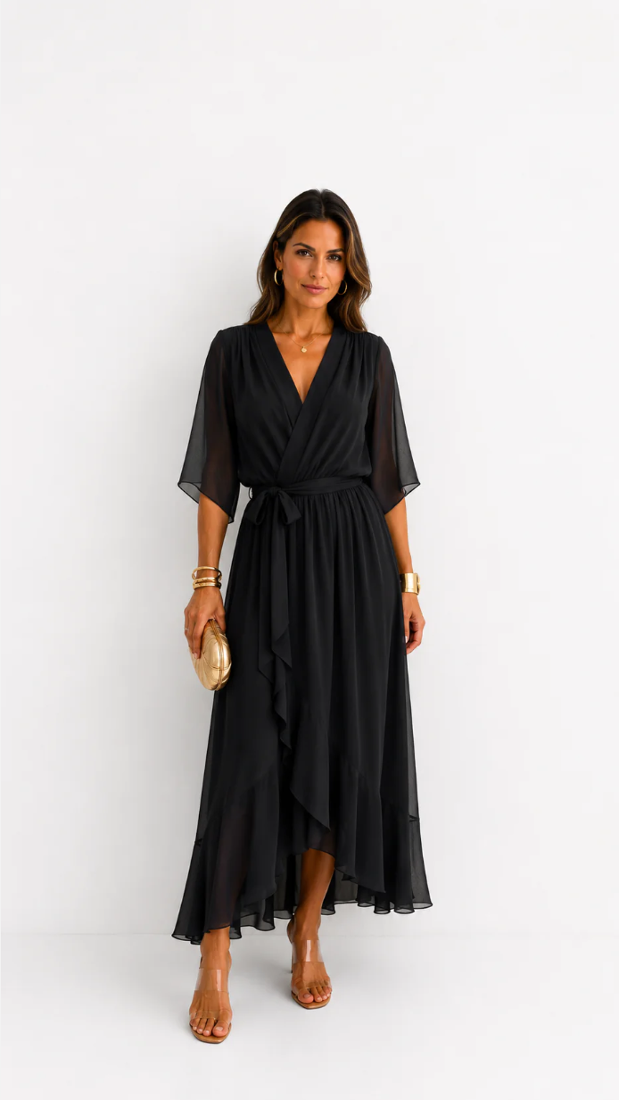 Women's Chiffon Wrap Dress with Flowing Sleeves