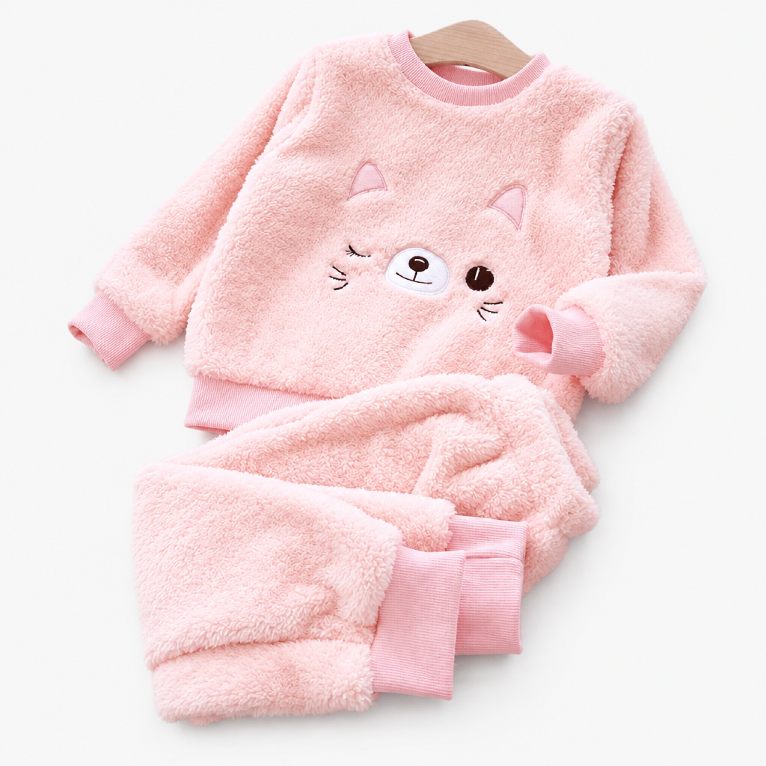 Girls long sleeve fleece pyjama set with pink cat face print