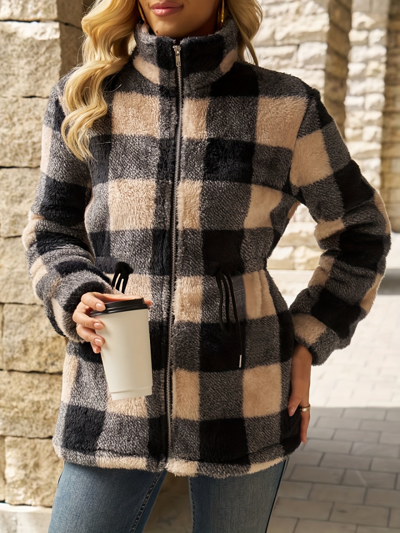 Euphemia™ | Women's Checked Plush Hooded Zip Jacket