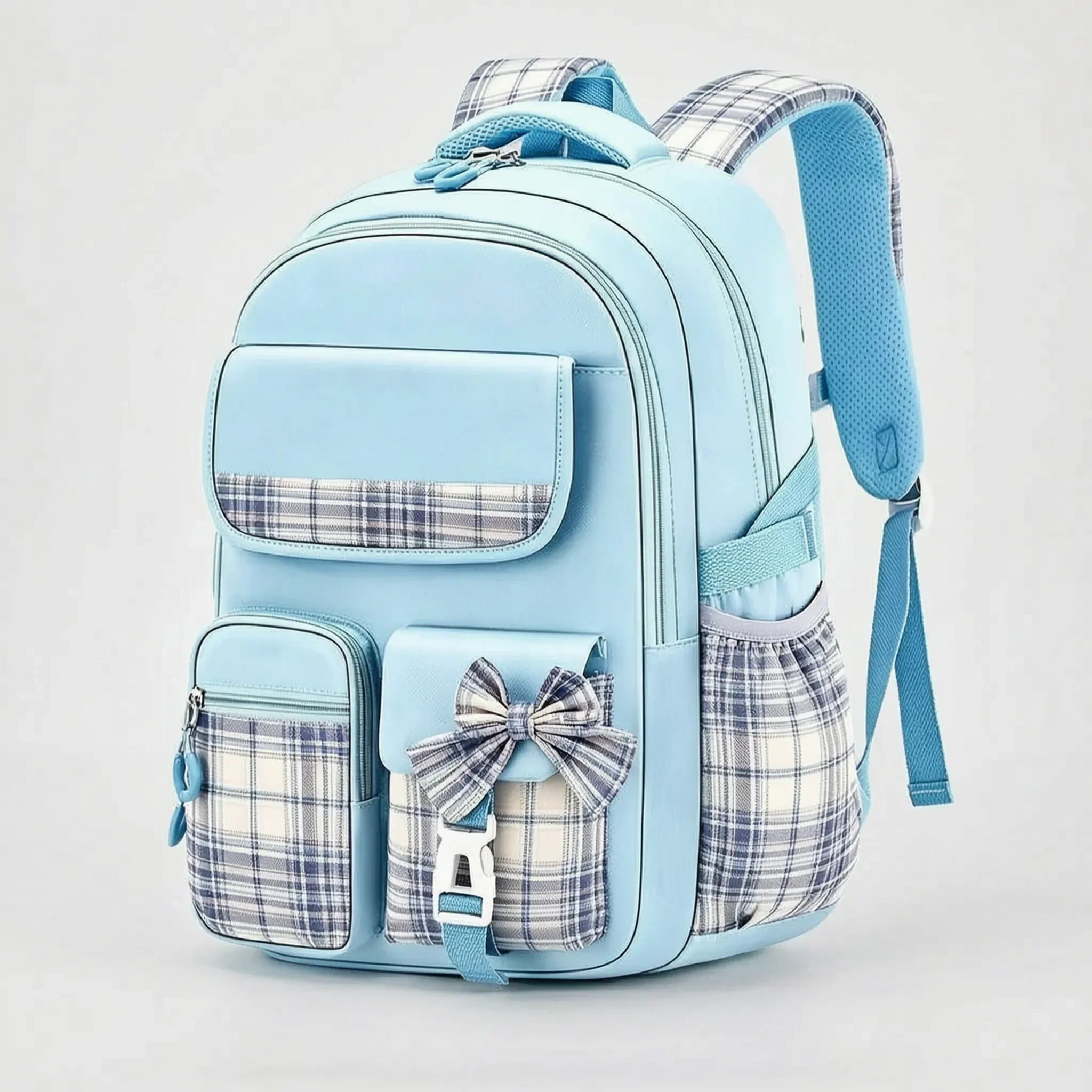 View of a stylish checkered school backpack featuring padded shoulder straps and a spacious compartment, showcasing its comfort and practicality