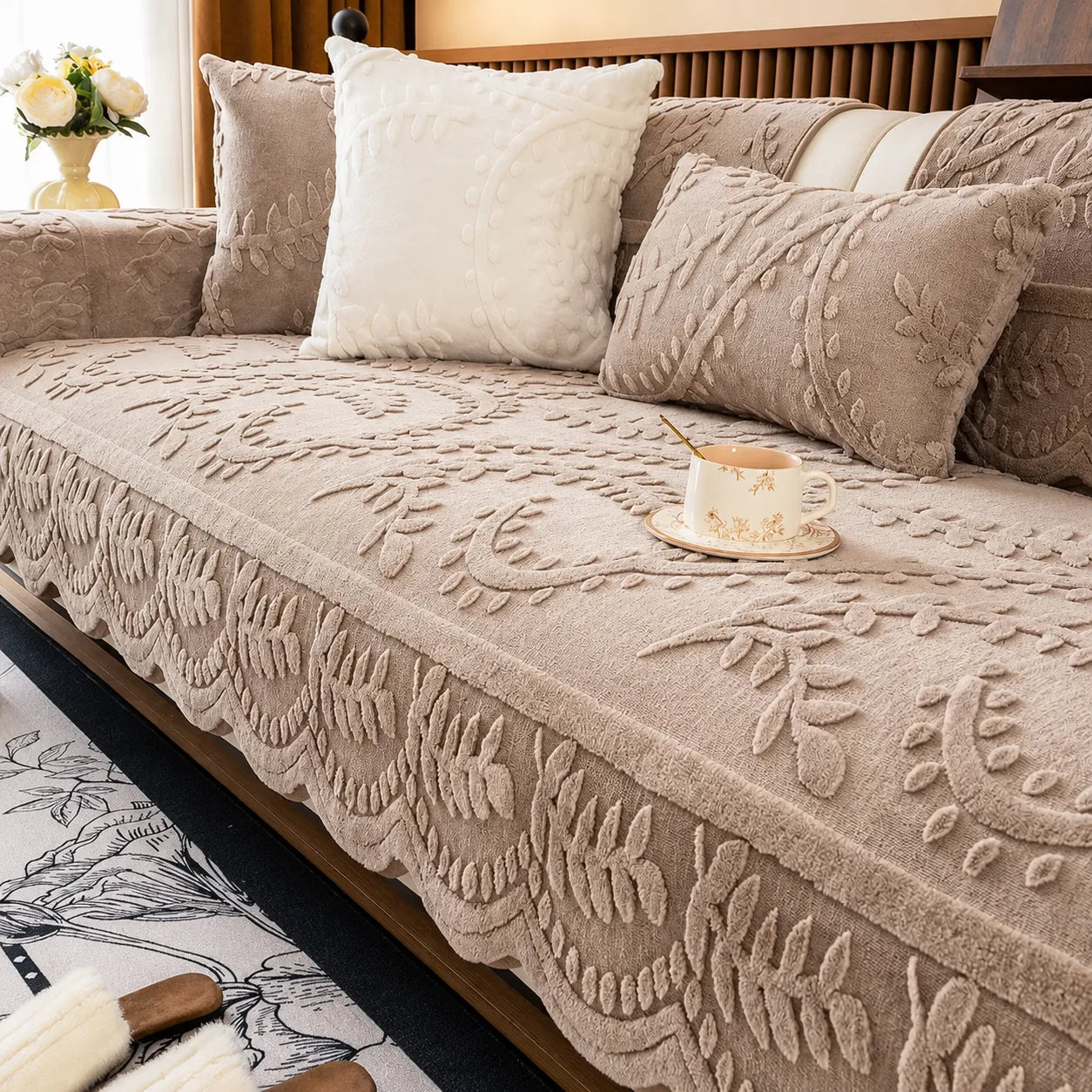 Plush Botanical Texture Couch Cover with Non-Slip Backing