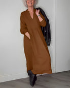 Women's Long V-Neck Maxi Dress with Long Sleeves