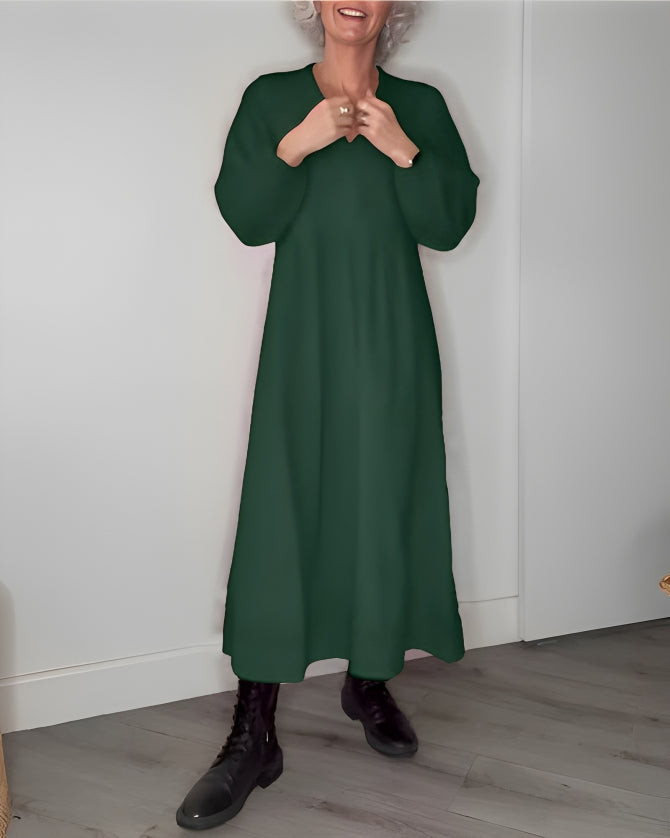 Women's Long V-Neck Maxi Dress with Long Sleeves