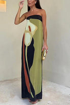 Women's Maxi Dress Strapless Color Block Print