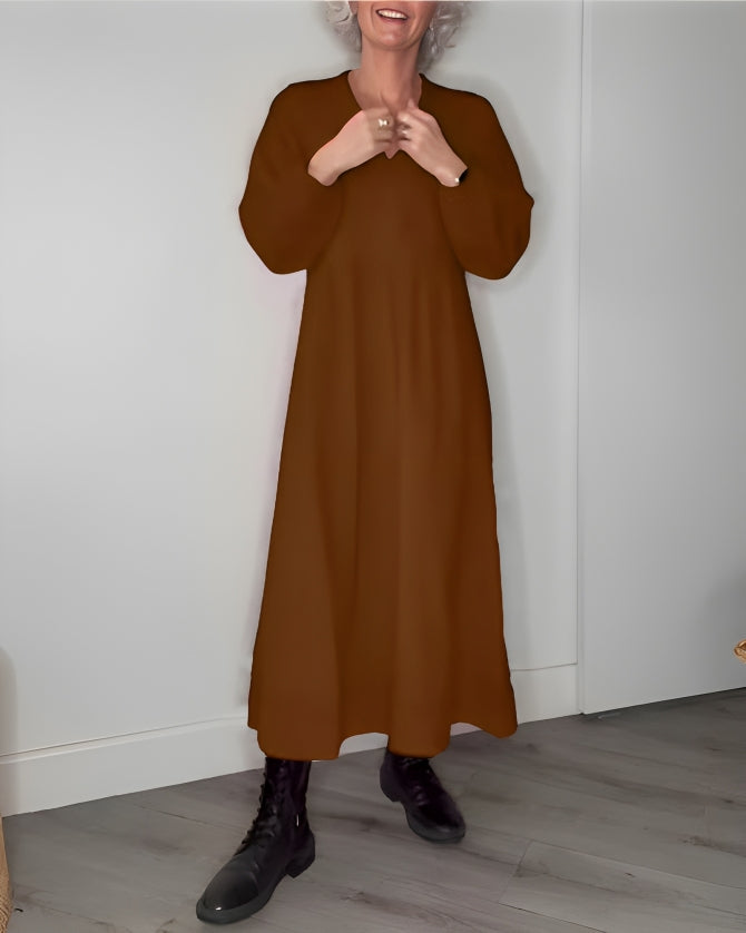 Women's Long V-Neck Maxi Dress with Long Sleeves