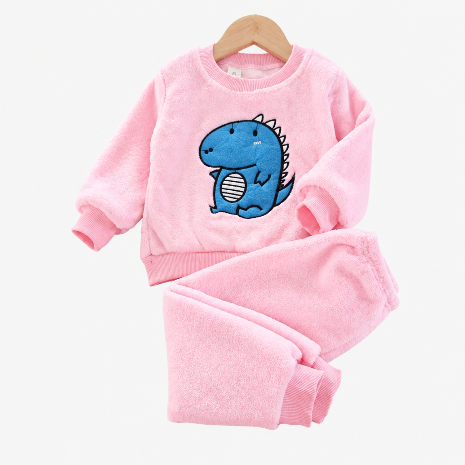 Girls long sleeve fleece pyjama set with pink dinosaur print