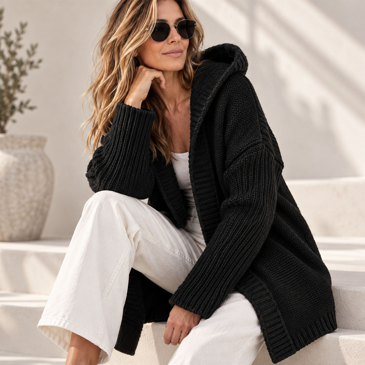 Women's Long Hooded Knit Cardigan with Batwing Sleeves