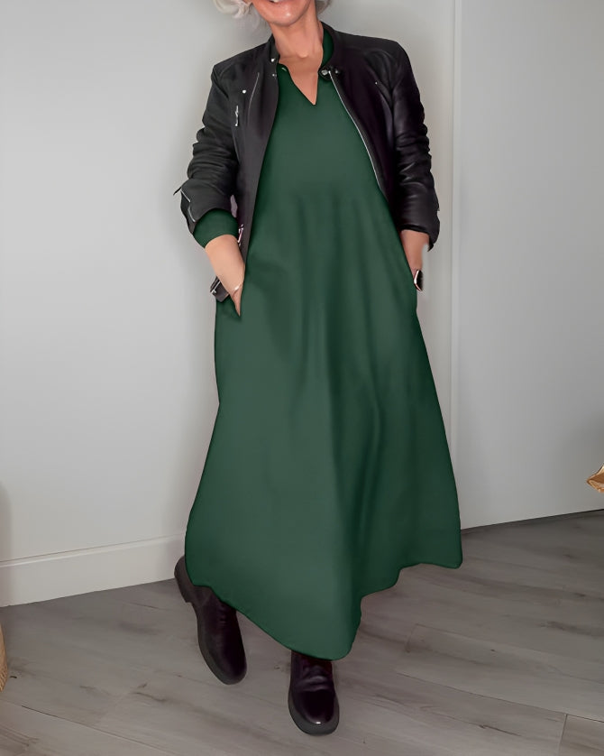 Women's Long V-Neck Maxi Dress with Long Sleeves