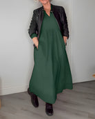 Women's Long V-Neck Maxi Dress with Long Sleeves