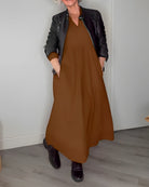 Women's Long V-Neck Maxi Dress with Long Sleeves
