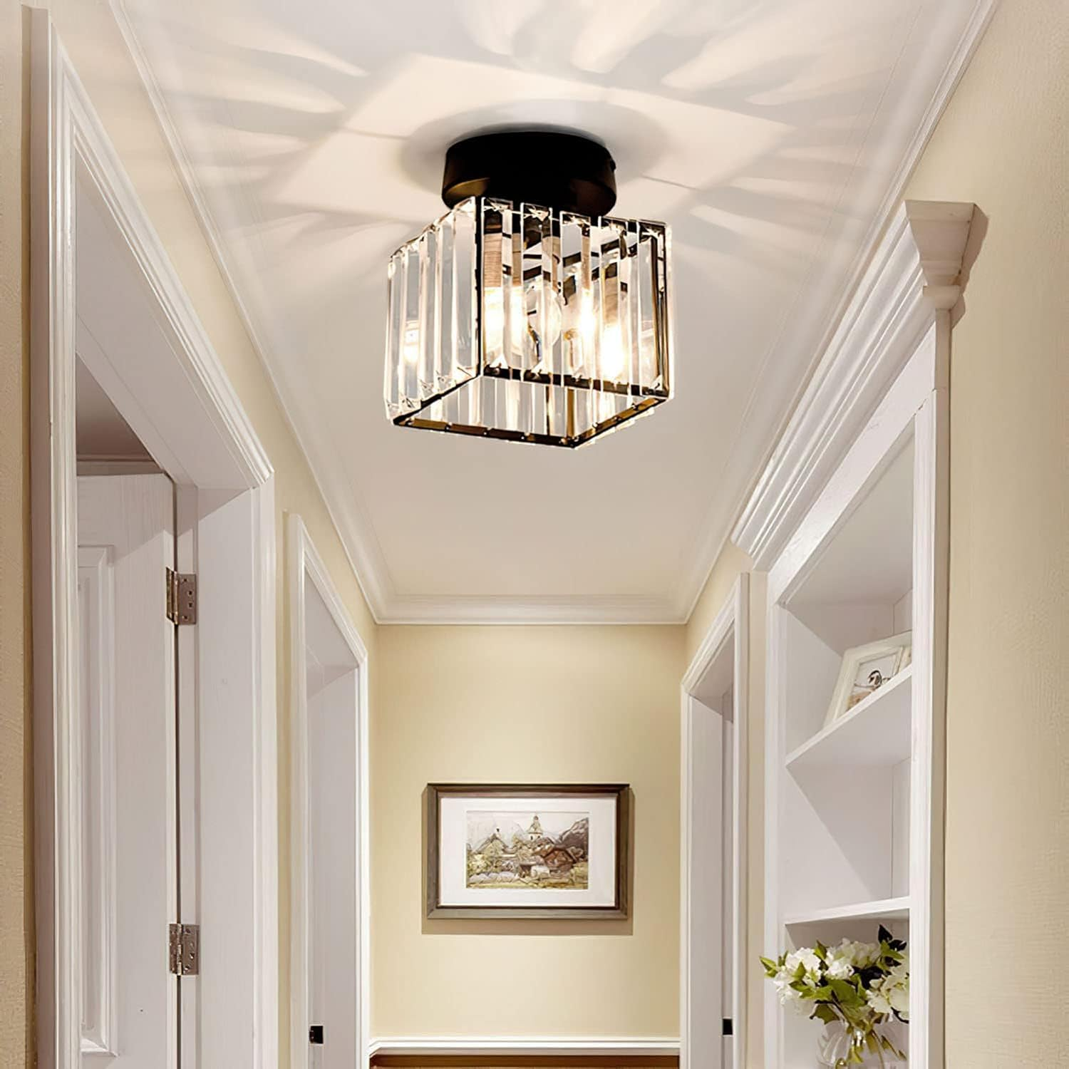Flush Mount Ceiling Light with Crystal Shade - Black Brass Finish