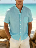 Men's Linen Shirt with Stand Collar and Short Sleeves