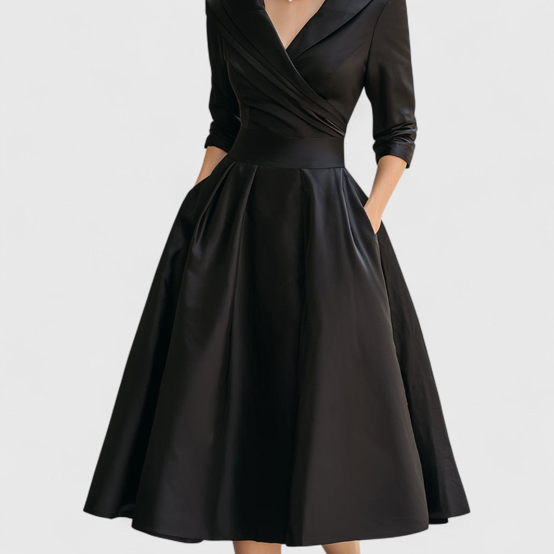 Women's V-Neck Midi Dress with Wrap Waist and Side Pockets