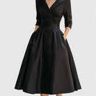 Women's V-Neck Midi Dress with Wrap Waist and Side Pockets