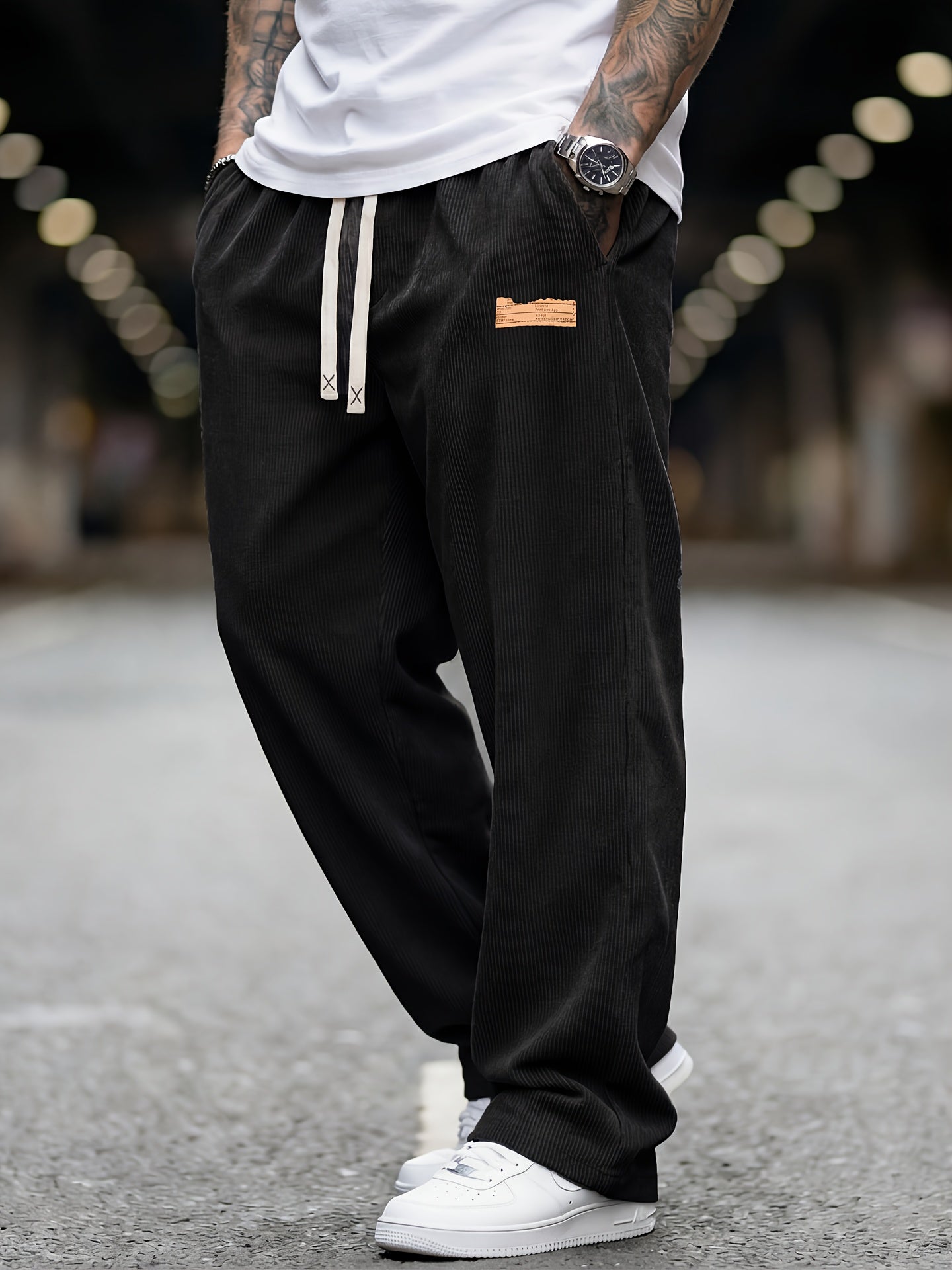 Men's Loose Corduroy Pants with Elastic Waist and Pockets