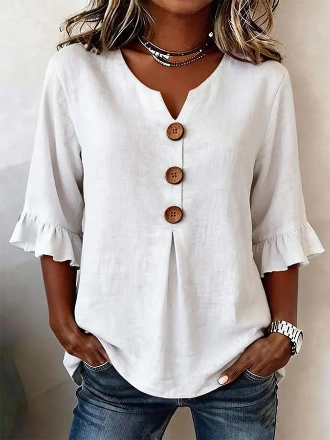 Women's Ruffle Sleeve Blouse with Button-Front Detail