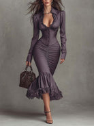 Dusty mauve lace ruched midi dress by Christine Brewer, featuring delicate lace details and a fitted silhouette for elegant evening wear.