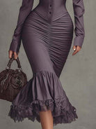 Dusty mauve lace ruched midi dress by Christine Brewer featuring elegant evening dress design with lace details and ruched fabric.