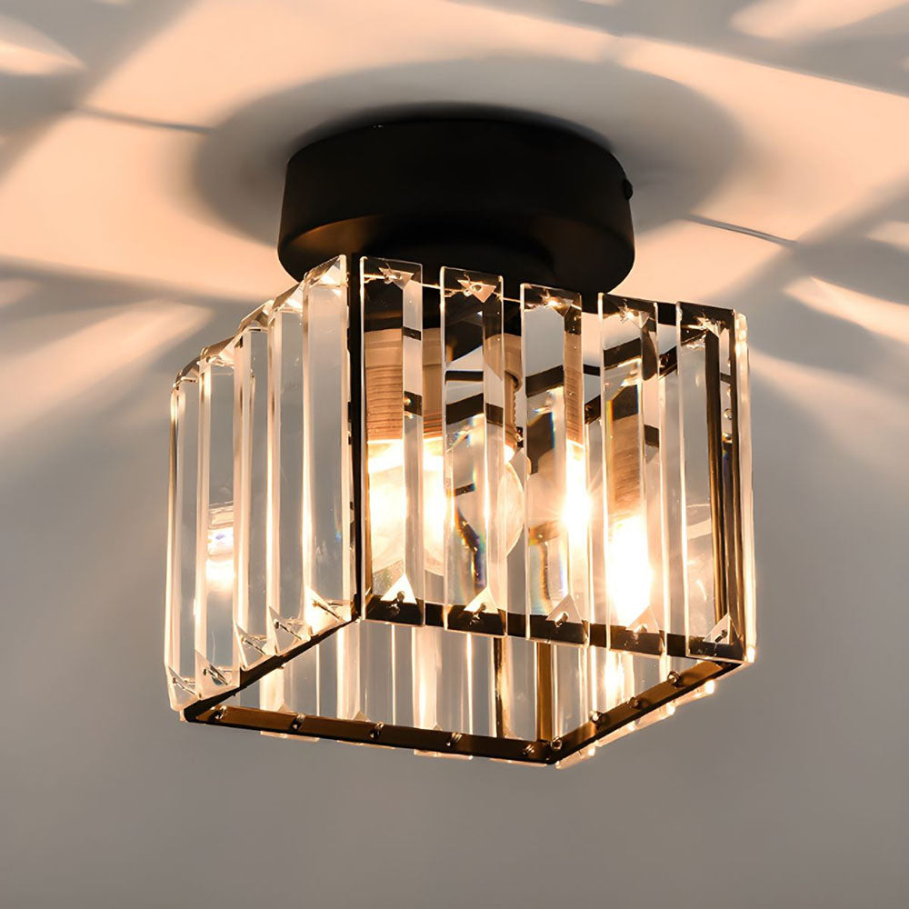 Flush Mount Ceiling Light with Crystal Shade - Black Brass Finish