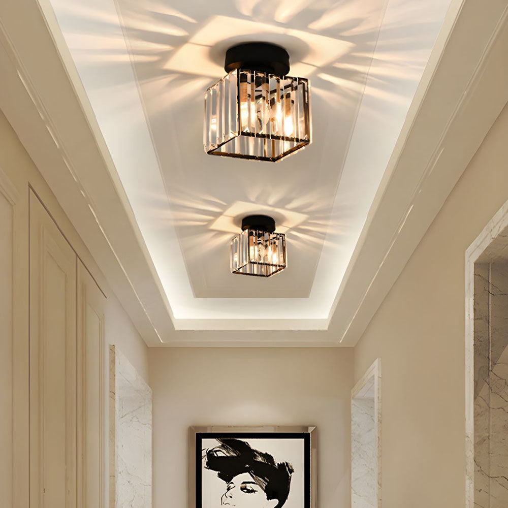 Flush Mount Ceiling Light with Crystal Shade - Black Brass Finish