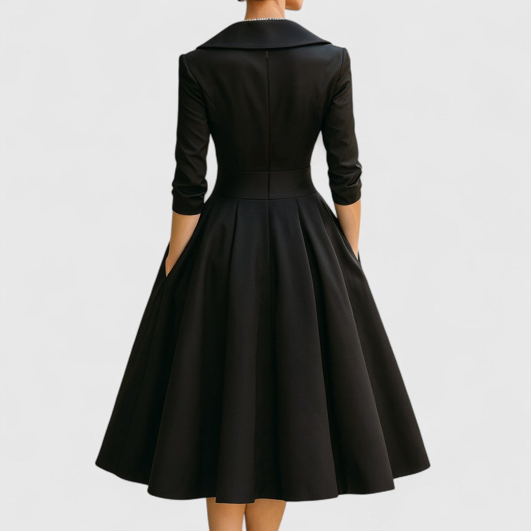 Women's V-Neck Midi Dress with Wrap Waist and Side Pockets