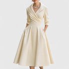 Women's V-Neck Midi Dress with Wrap Waist and Side Pockets