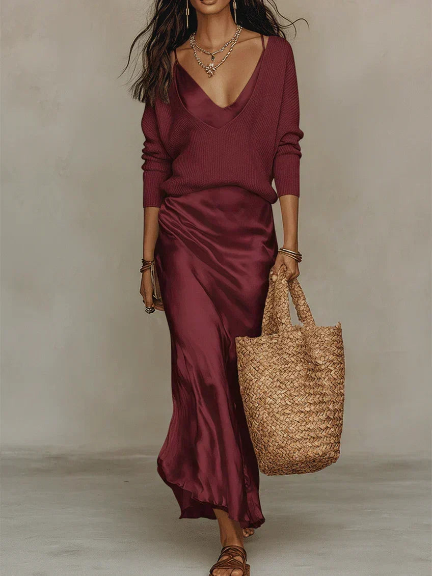 Women's Midi Dress Set with Knit Cardigan – Satin Two-Piece Outfit