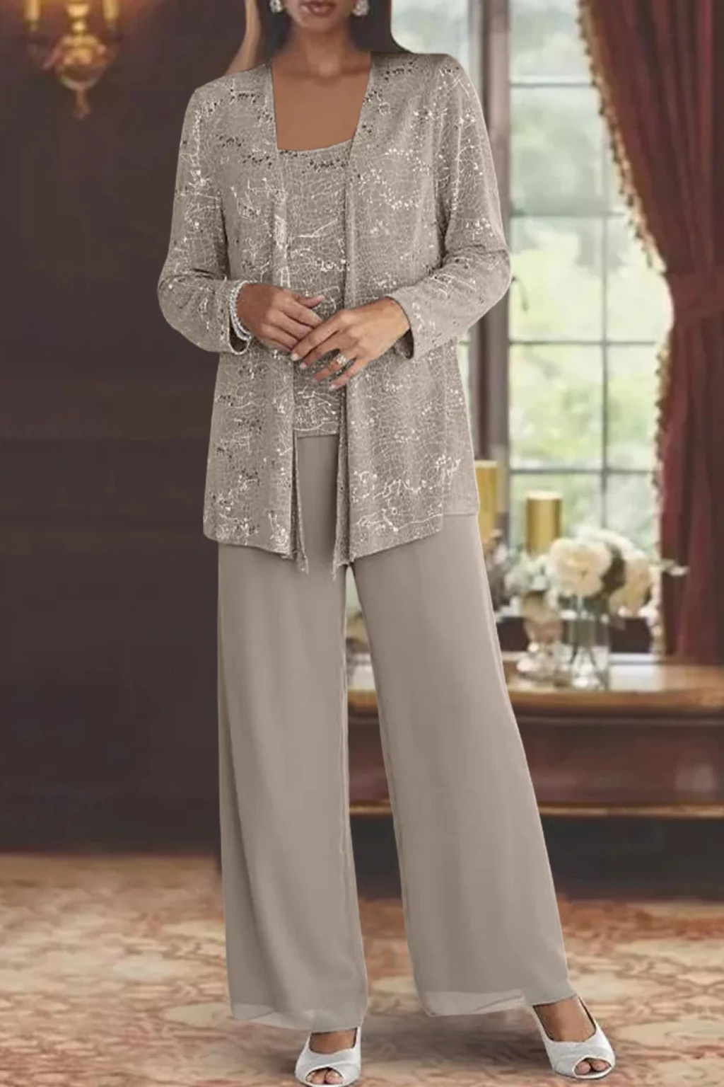 Women's Sequin Lace Three Piece Trouser Suit - Wide Leg Wedding Guest Outfit