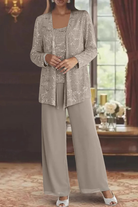 Women's Sequin Lace Three Piece Trouser Suit - Wide Leg Wedding Guest Outfit