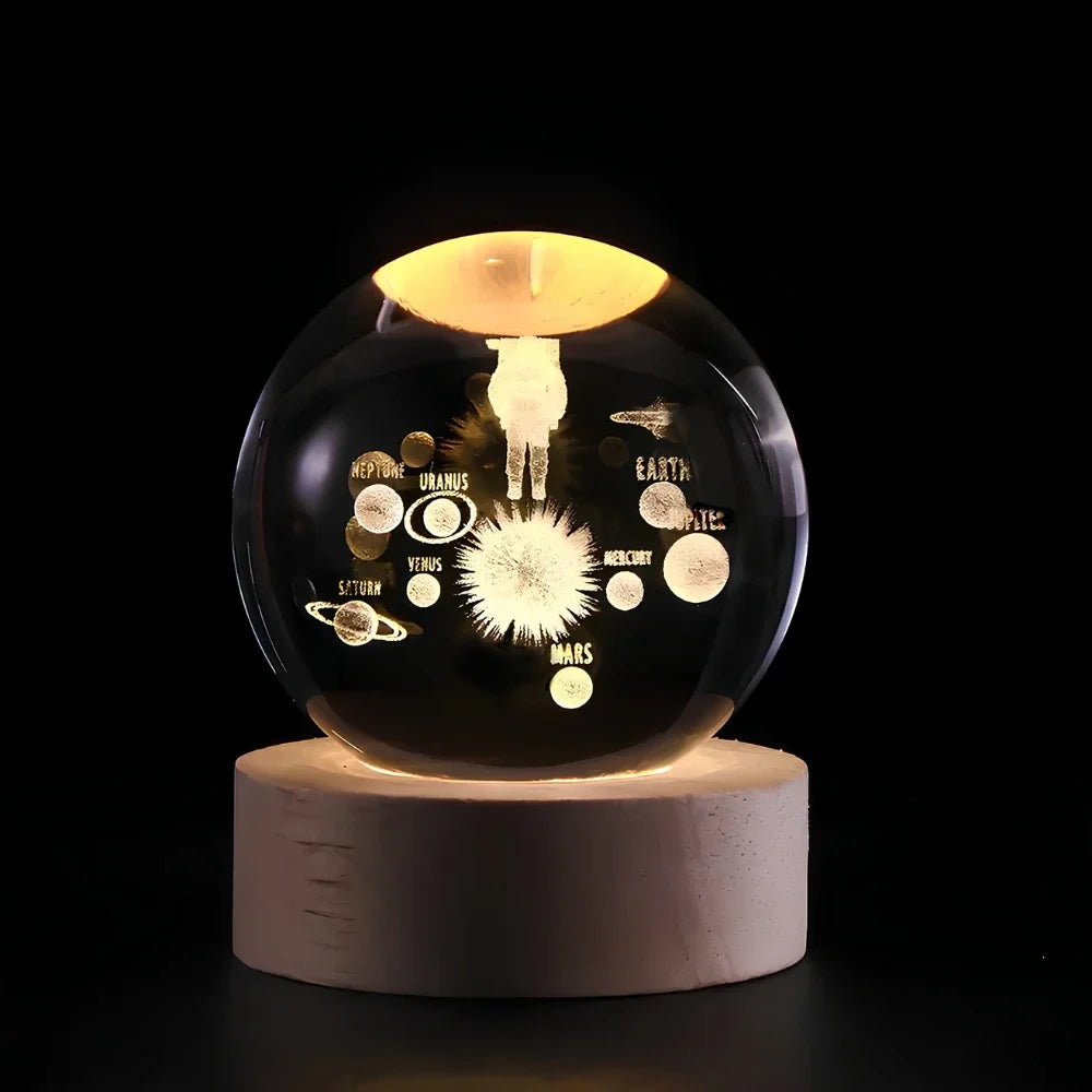 3D Engraved Crystal Ball Night Light - Wooden Base LED Lamp