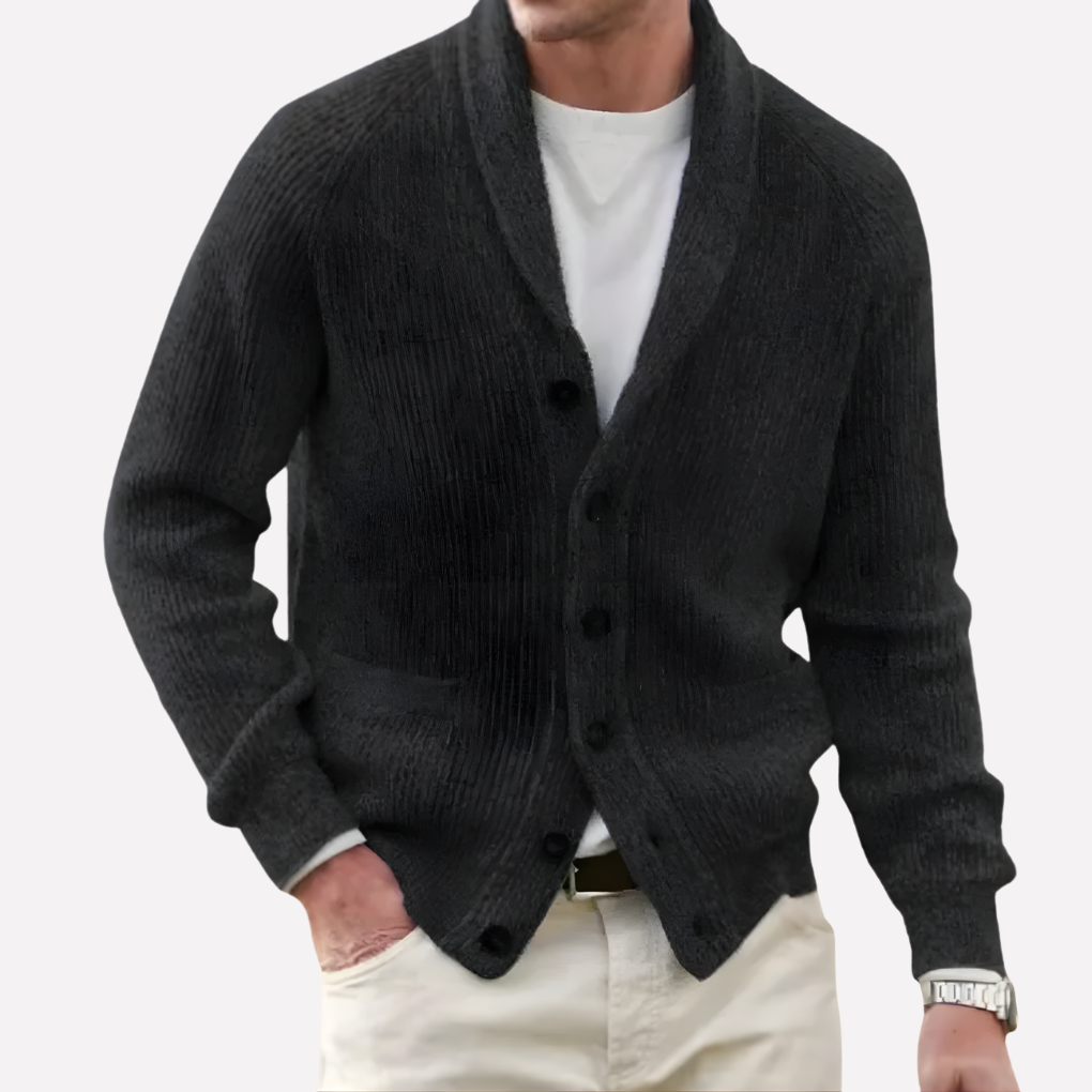 Men's Knit Cardigan with Shawl Collar and Button Pockets