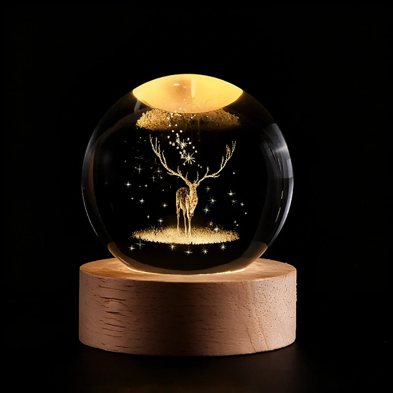 3D Engraved Crystal Ball Night Light - Wooden Base LED Lamp